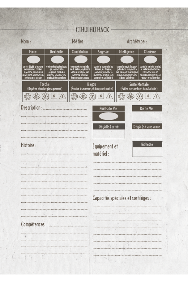 Feuilles de personnages Cthulhu Hack